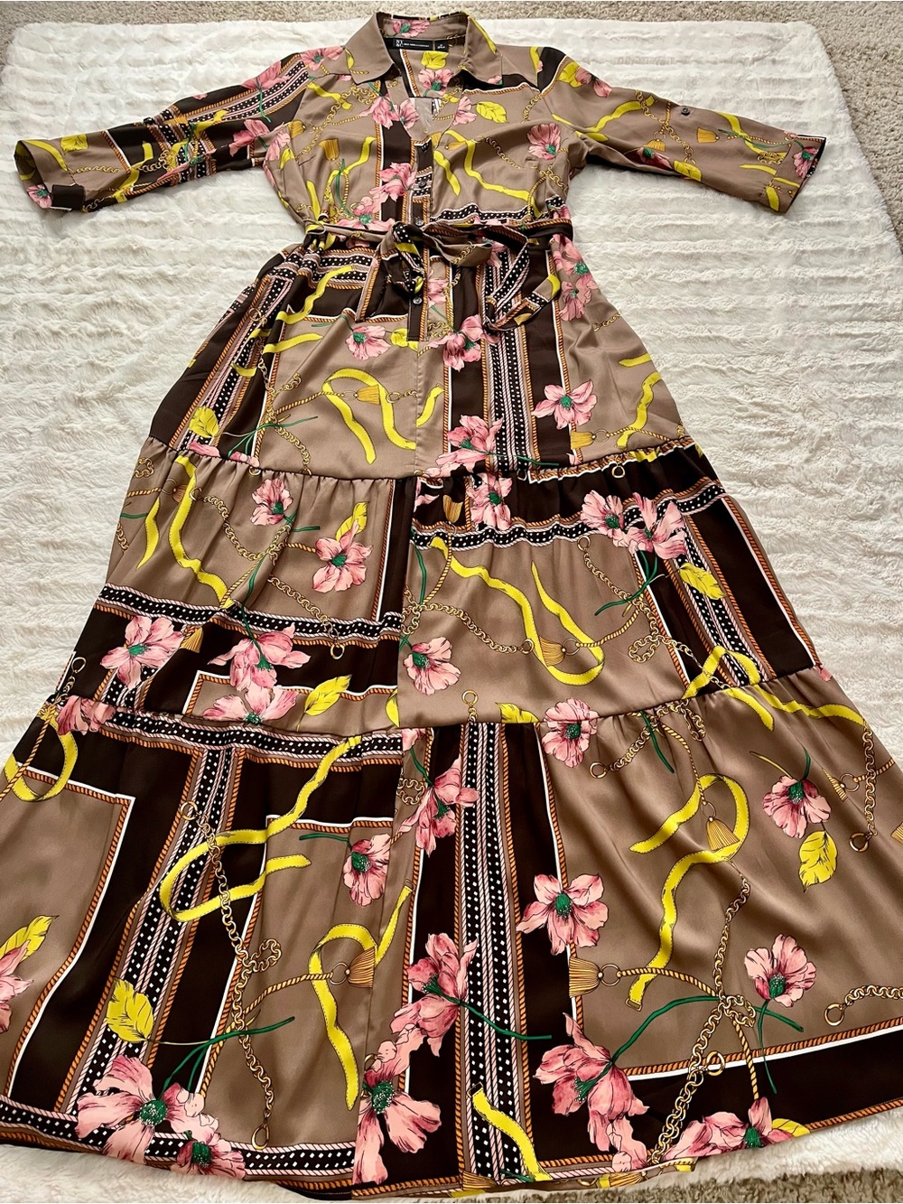 New York & Company Brown Floral Tie-Waist Maxi Dress with Pink & Yellow Accents